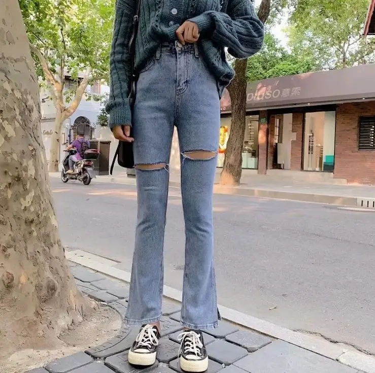 

HCBLESS 2019 fall women's trousers open crotch jeans women's slim micro jeans trousers