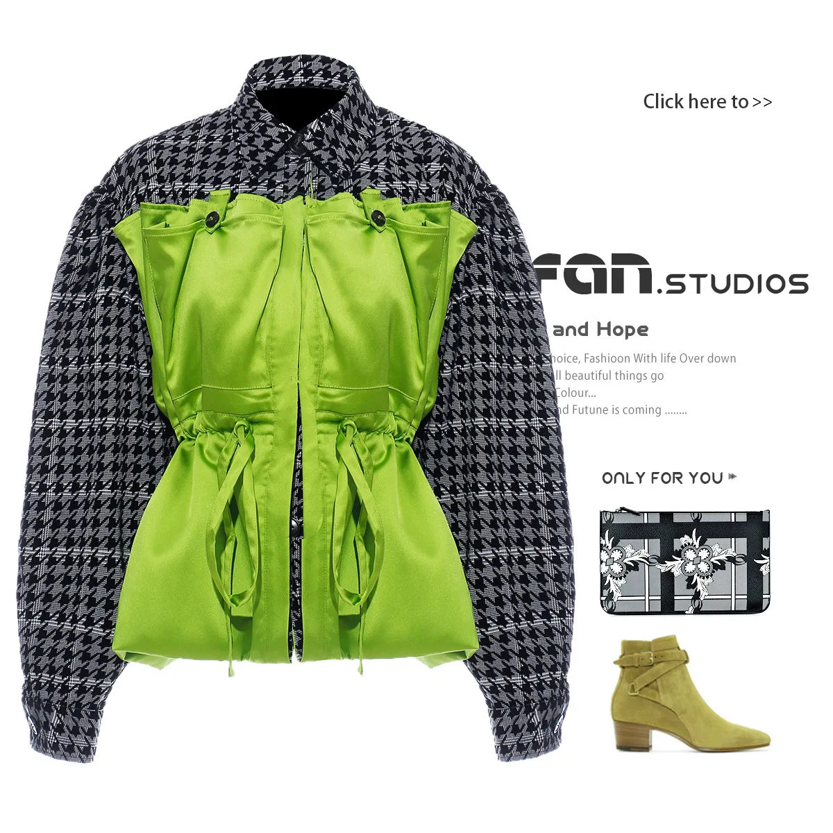 

19A/W New Products Joint Flocked Thousands of Birds Deconstruction Mock Two-Piece Drawstring Waist Hugging Jacket 1214