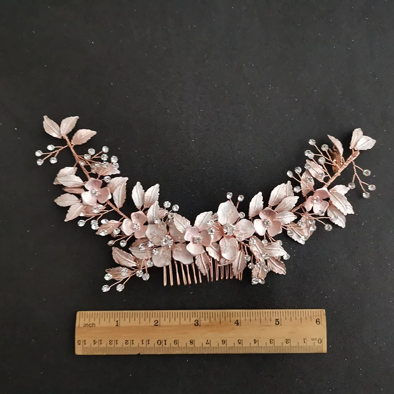 Floralbride Handmade Rhinestones Crystal Alloy Flower Leaf Long Wedding Hair Comb Bridal Headband Hair accessories Women Jewelry