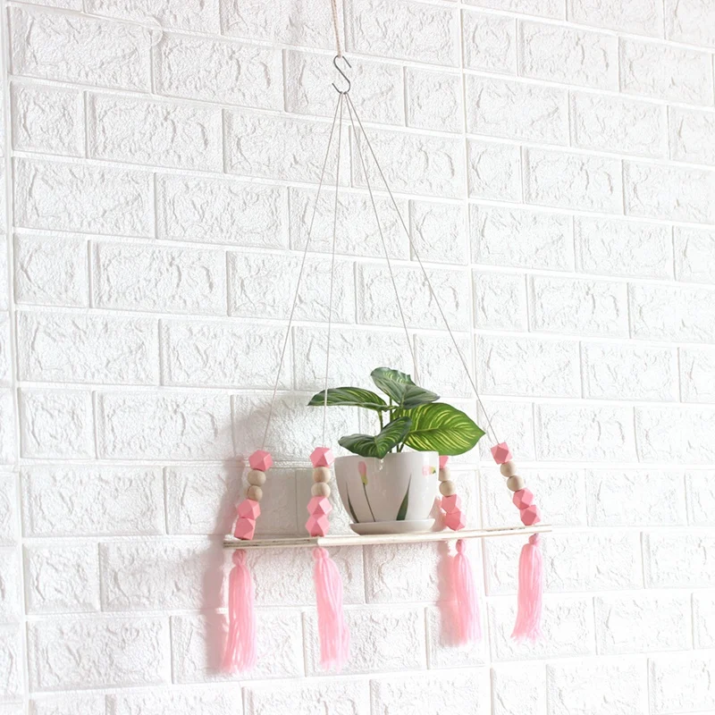 2Pcs Bedroom Wall Hanging Ornaments Tassel Beads Pendant Wooden Board Storage Shelf Rack Photo Props Display Rack Kid Room Home