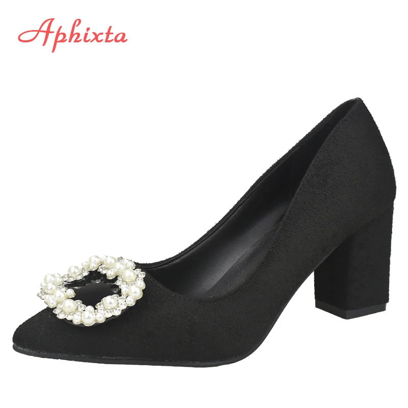 Aphixta Big Size 48 Pumps Women 7cm 5cm Square Heels Pearl Buckle Shoes Woman Classics Pointed Toe Dress Official Party | Обувь