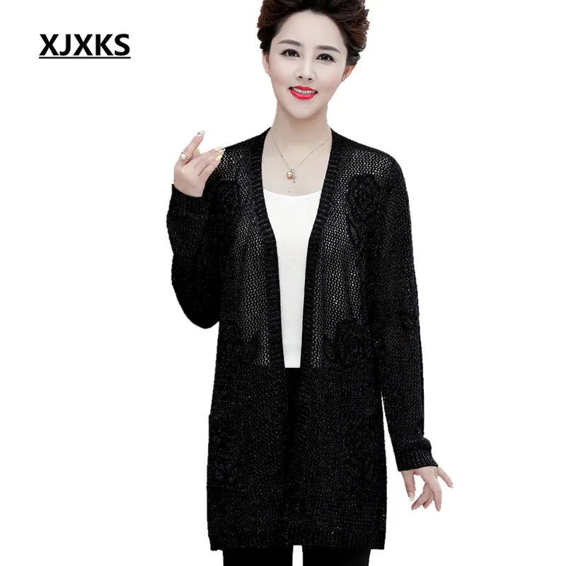 XJXKS Women long cardigan autumn new loose plus size comfortable wool knitted cardigan fashion hollow women sweater