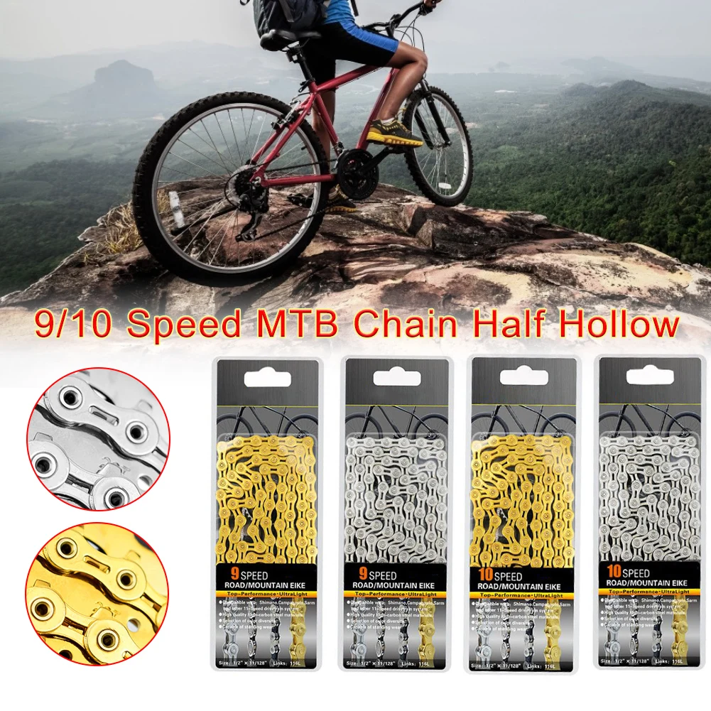 

9/10 Bicycle Chain Semi-hollow Moutain Bike Ultra-light 116L Gold and Silver Wear-resisting Chain