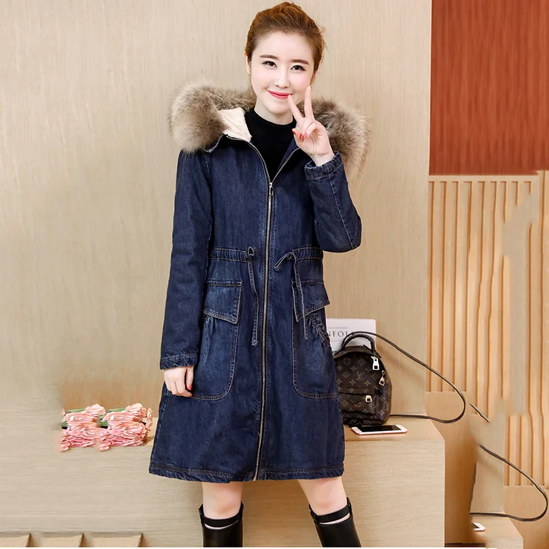 

Large Size Warm Winter Women's Jacket Hooded Denim Fur Jacket Long Sleeve Basic Coats Warm Lining Long Jeans Outerwear