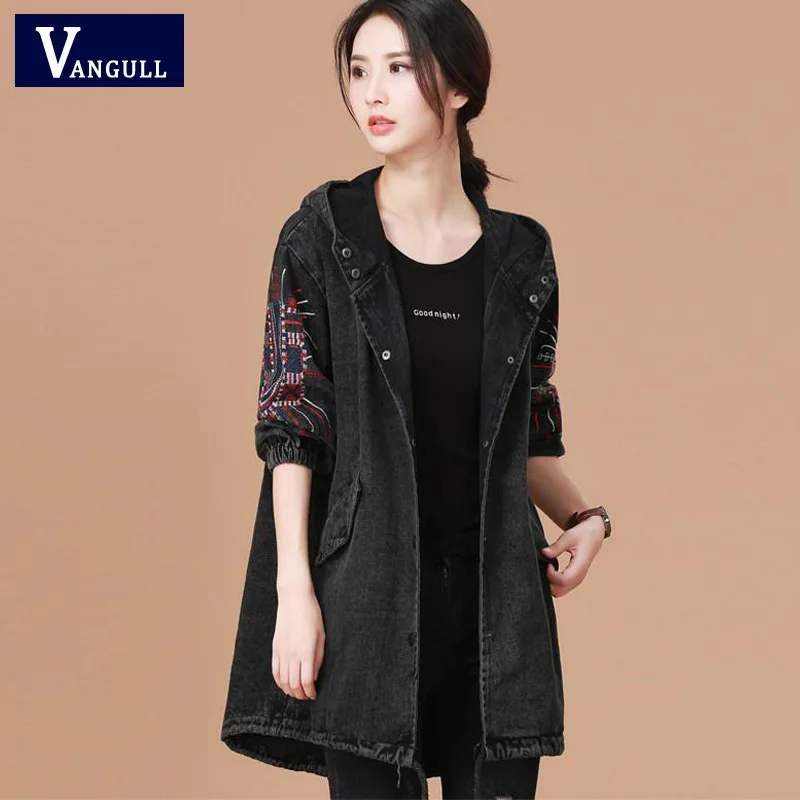 Finest  Vangull Ladies Denim Jacket With Embroidery Women Bf Style Long Sleeve Loose Streetwear Jeans Jacke