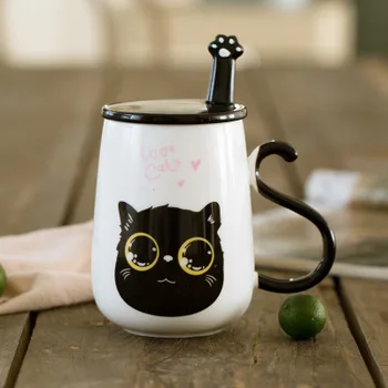 

Cute Cartoon Cat Ceramic Mugs.Mug With Lid and Spoon Creative Milk Coffee Tea Cup Porcelain Mugs Valentine's Day Gift
