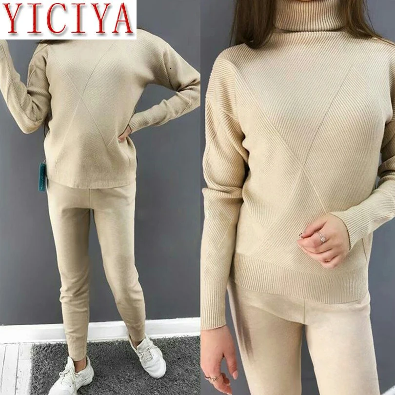 

Autumn Knitted Tracksuit Turtleneck Sweater Casual Suits Women Knit Pullovers long Pant 2 Piece Set Female plus size clothing