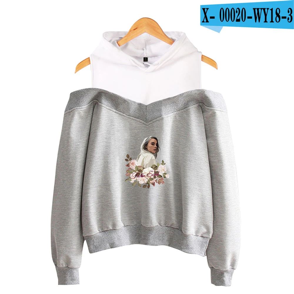 Billie Eilish/женские толстовки с открытыми плечами, новые эксклюзивные повседневные Мягкие Толстовки с принтом, уличная одежда - Цвет: gray