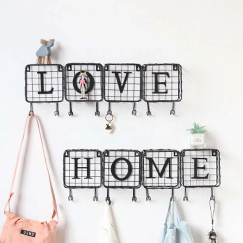 

Multifunctional LOVE HOME letter Iron Grid Hanging Mesh Storage rack with hooks Wall Decor Office Decorative Storage Shelf 1PC
