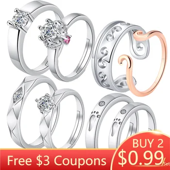

2Pcs/Pair Adjustable Romantic Rings 925 Silver Rings for Couples Wedding Lover's Heart Women Men Diamond Ring