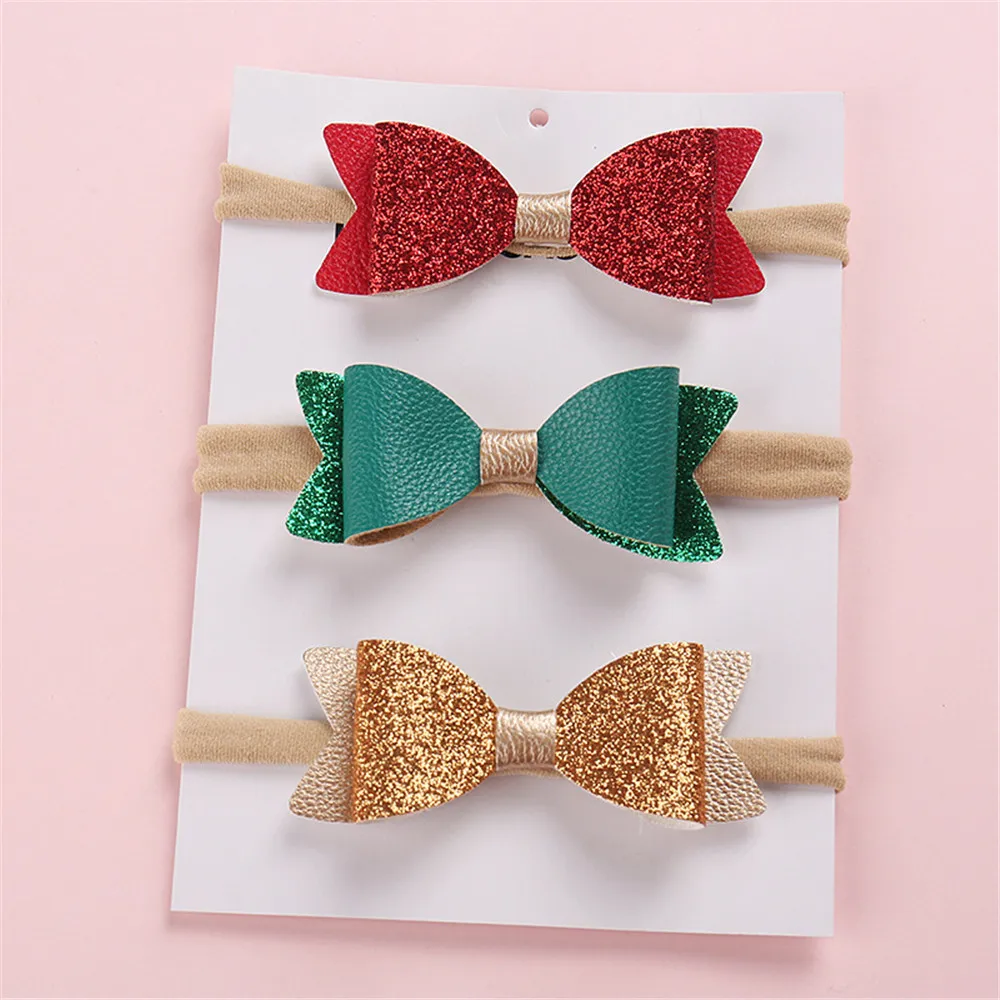 10pcs/lot 2 Layer Synthetic Leather Sequin Bow Headband For kids Princess Chic Bow Nylon Elastic Hairbands for Toddlers Girl