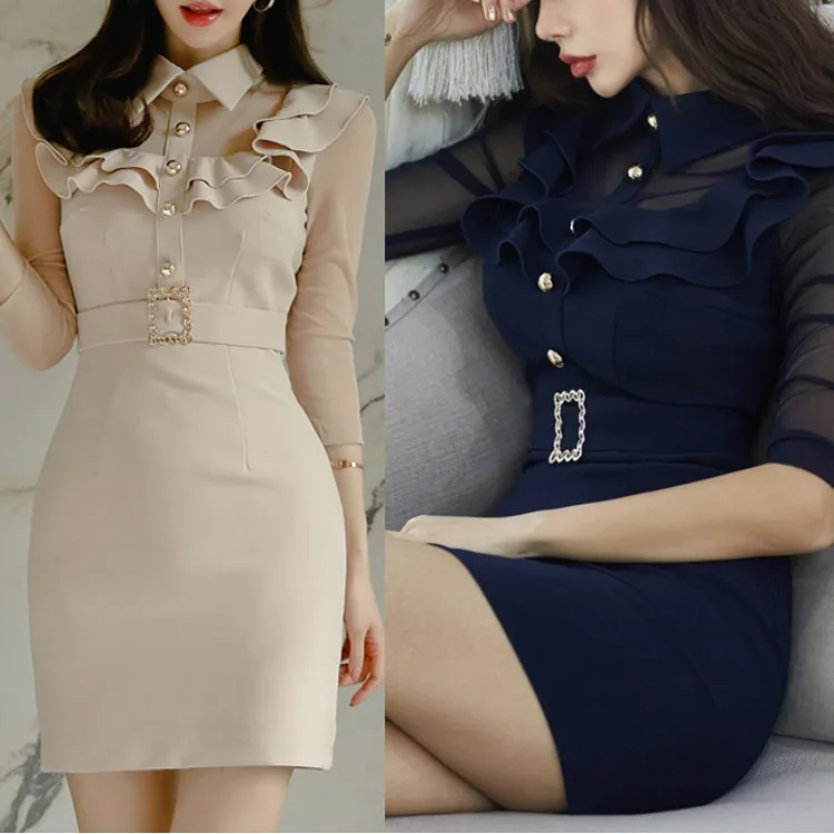 

WOMEN'S Dress 2019 New Style Elegant Slim Fit Shirt Collar Joint Flounced Sheath Base Skirt Dress Women's