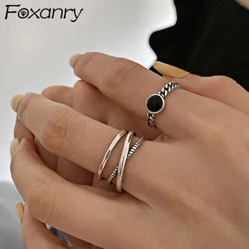 Foxanry Minimalist 925 Sterling Silver Chain Rings for Women Couples New Fashion Vintage Handmade Geometric Party Jewelry Gifts