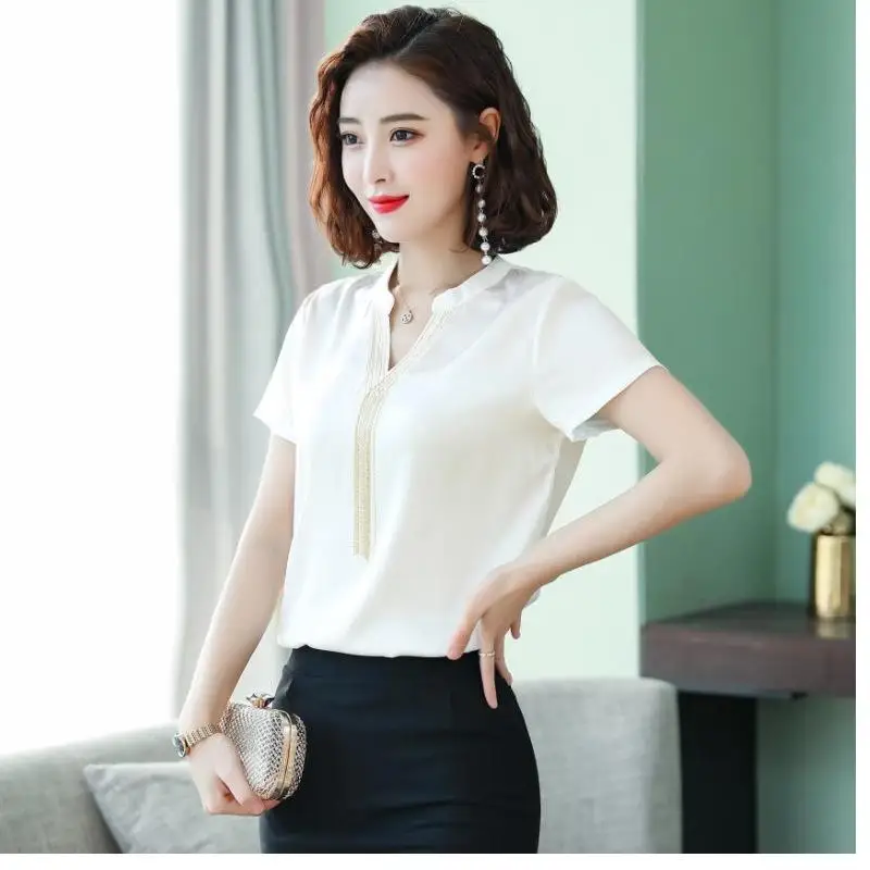 Women's Spring Autumn Style Chiffon Blouses Shirt Women's Rivet Beads Long Sleeve Solid Color Korean Elegant Tops 1656