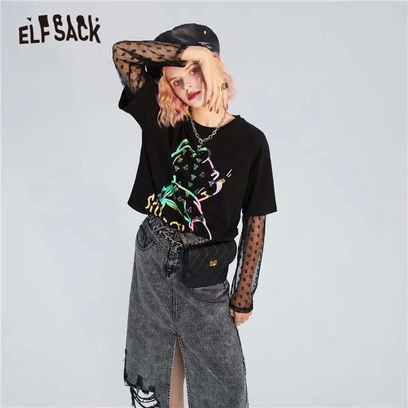 ELFSACK Harajuku Black Graphic Print Casual Women