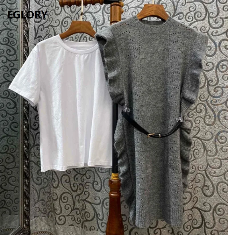 

2019 Autumn Fashion 2 Piece Set Ladies White Tops & Tees+Hollow Out Knitted Ruffle Grey Long Sweater Dress Set Casual Suits
