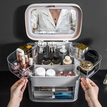 

Makeup Organizer With Mirror LED light Large Capacity Jewelry Rack Cosmetic Organizer Skincare Lipstick Cosmetic Storage Box