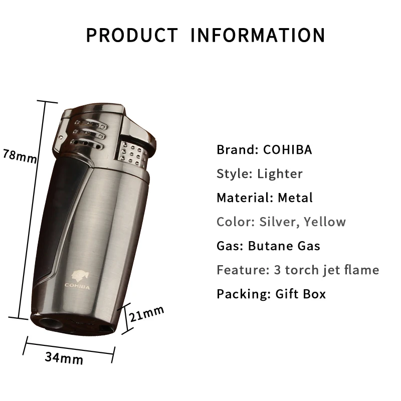 COHIBA газовая зажигалка 3 факела струйная сигарета зажигалки портативный табак аксессуар с подарочной коробкой
