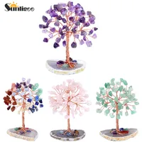 Sunligoo Super Mini kryształ drzewko szczęścia drut miedziany owinięte W/agat kromka baza kamień Reiki Chakra Feng Shui drzewa Home Decor 1