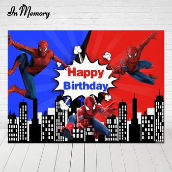 

InMemory Comics Spiderman Birthday Party Backdrops For Boys Blue Red Night Buildings Cartoon Superhero Photography Backgrounds