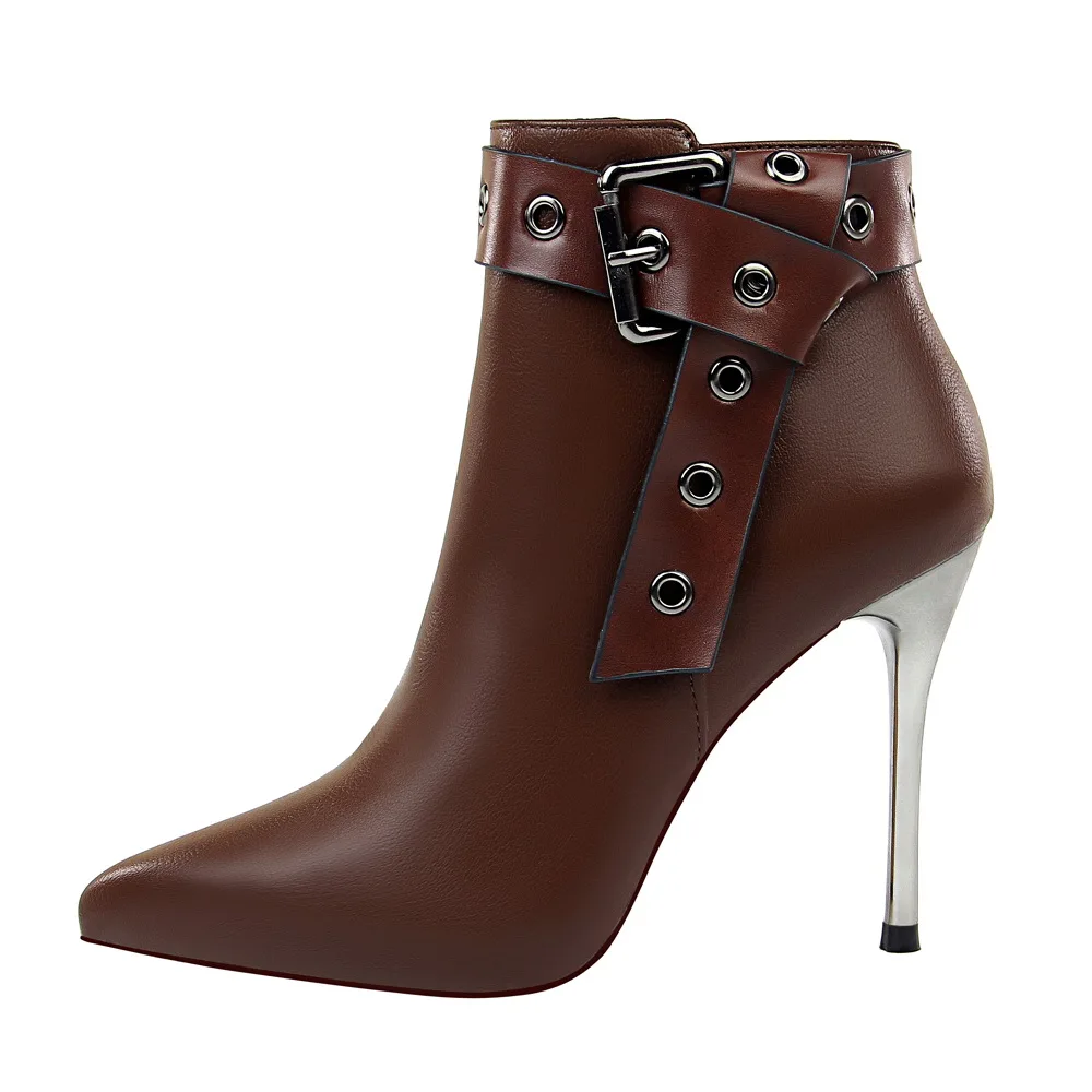 Boots For Women Brown Faux Leather High Heel Pumps Point Toe Rivet