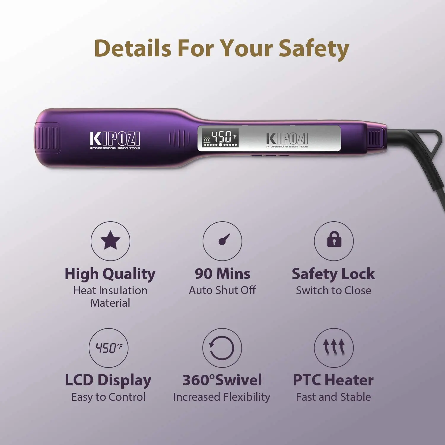 KIPOZI Professional Titanium Hair Straightener Iron Fast Heating 1.75 Inch Wide Plates LCD Flat Iron Curling Iron Styling Tool 4
