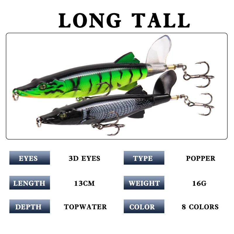 Isca de Pesca com Rotatable Novo Flopper Plopper Flutuante Popper Macio Cauda Artificial Isca Dura Swimbait Pesca 13cm 16g 4 Iscas artificiais