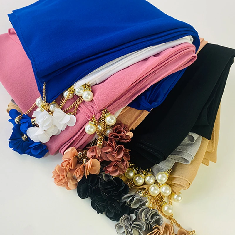 

10pcs/lot Women Solid Chiffon Hijab Scarf Wrap with Flower Pendant Islamic Shawls Headband Muslim Hijabs Wrap Headscarf Scarves