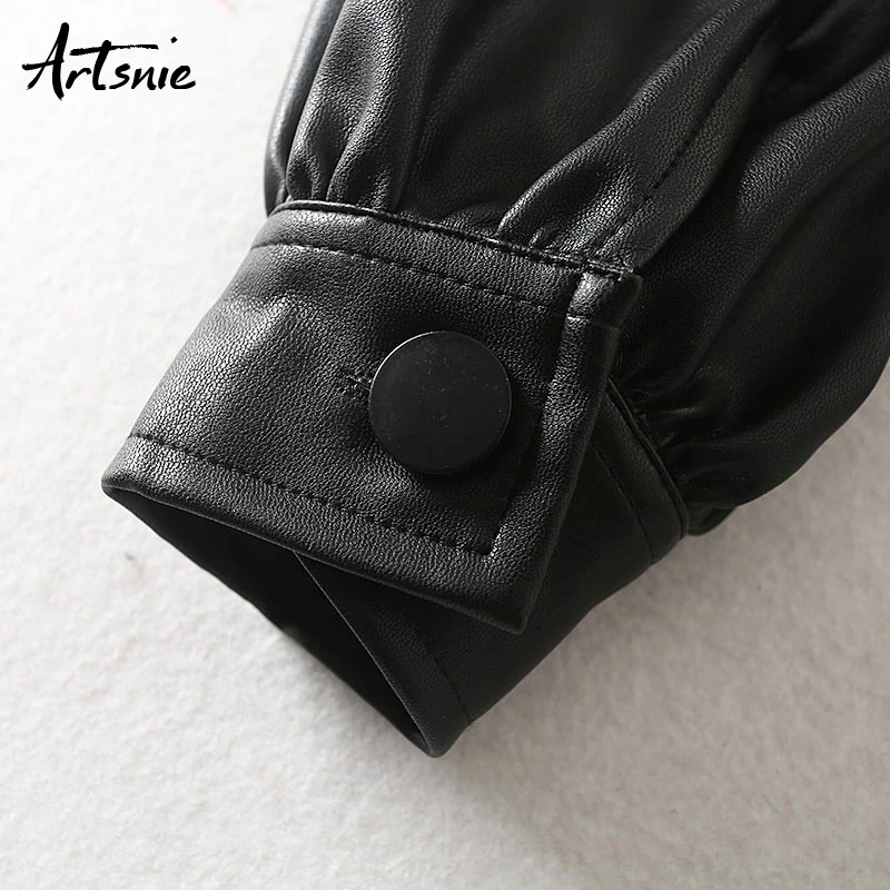 Artsnie, черная Повседневная Женская куртка из искусственной кожи, отложной воротник, длинный рукав, негабаритные пальто, двойные карманы, пояс, куртки, mujer