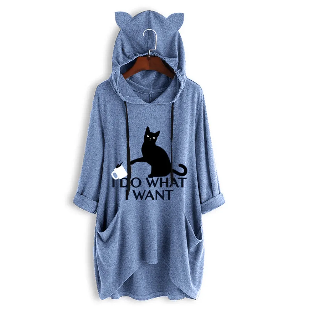 Jaycosin Women Casual Print Cat Ear Hooded Long Sleeves Pocket Irregular Casual Cool Chic New Look Pullover Tops Blouse