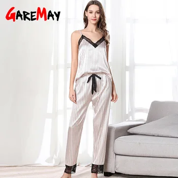 

GareMay Sexy Bra Set Women's Sleepwear Sleeveless Strap Lace Trim Satin Cami Tops Pajama Sets Bras Women Brief Sets for women