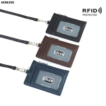 

Rfid Blocking Credit Card Holder Men Genuine Leather ID Cover Name Work Tag Certificate Badge Case Coin Purse With Neck Lanyard