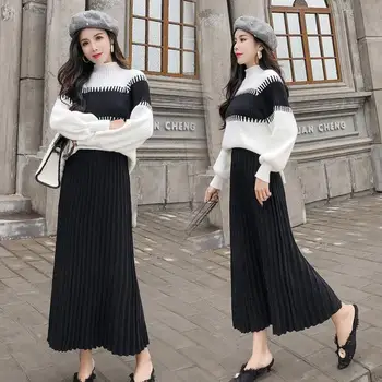 

Loose Sweater Long Black Skirt Clothing Set Knitted Dress Two-Piece Suits Women New Sweet Wind Knitting Skirts Knitwear Casual