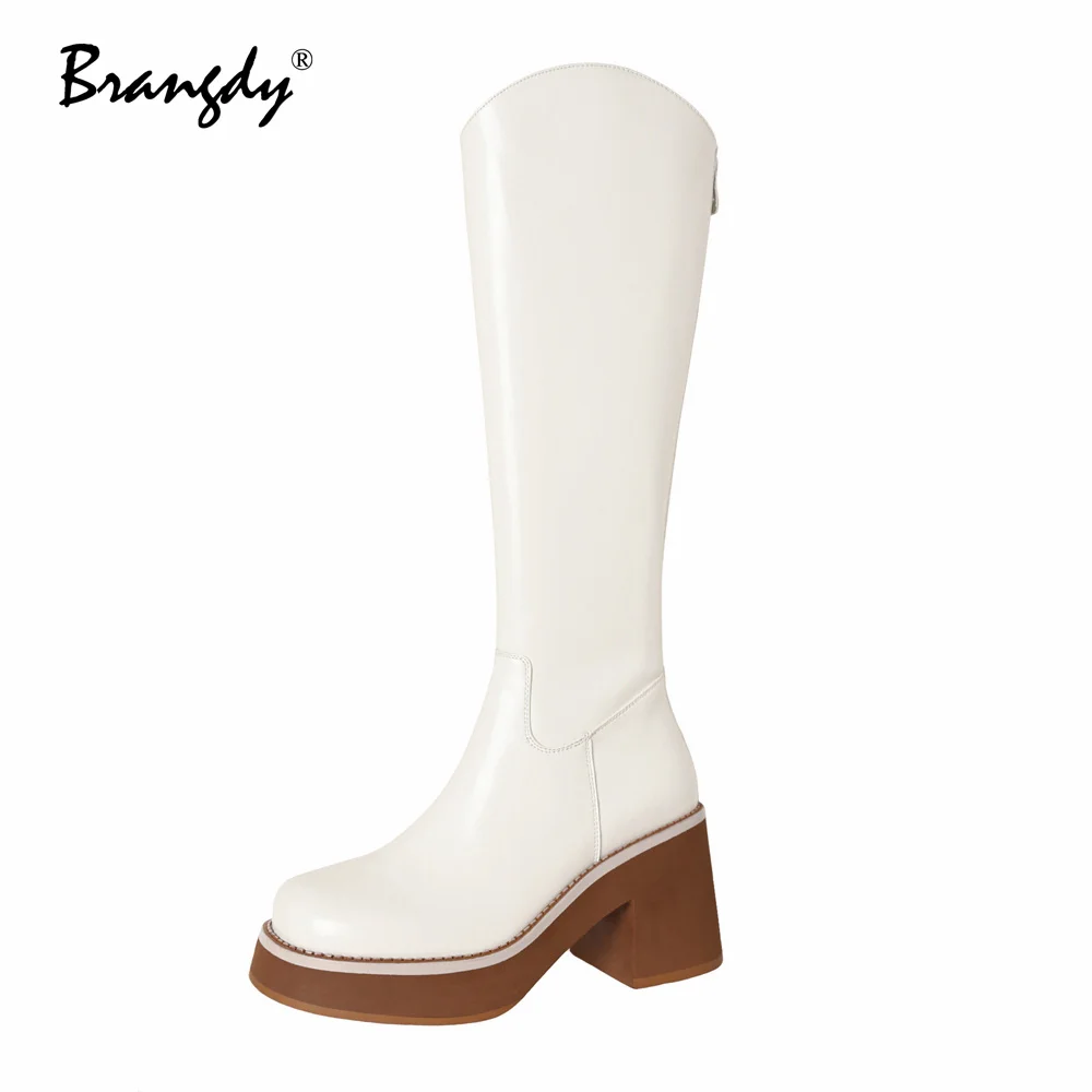 Brangdy Genuine Leather Women Knee Hight Boots Fashion Square Heels Women Shoes Round Toe Zipper New Women Winter Knight Boots