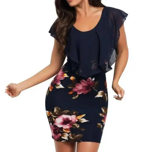 Модная Летняя женская одежда больших размеров, ложные детали с оборками, Ретро стиль, цветочный принт, облегающее вечернее офисное платье мини - Цвет: Синий