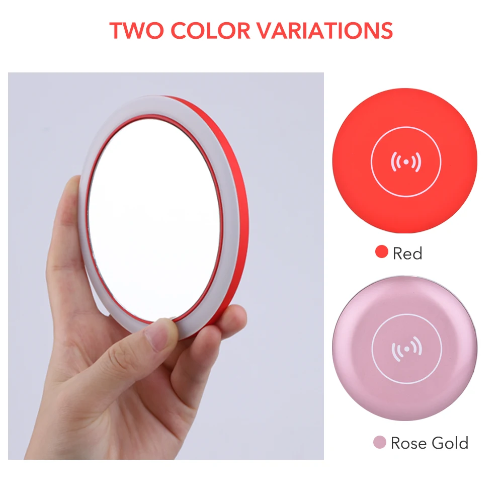 Портативный светодиодный мини-зеркало для макияжа золотого и красного цветов с 3 уровнями подсветки, косметическое зеркало, беспроводное зарядное устройство для телефона, зарядка через usb