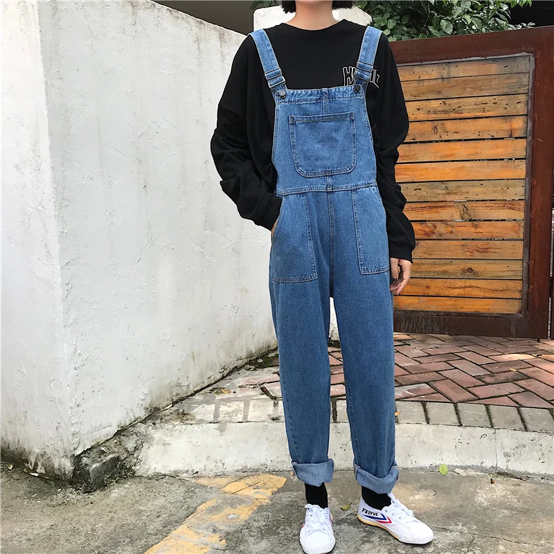Комбинезоны женские джинсовые однотонные большие карманы женские s комбинезоны корейский стиль BF Harajuku универсальная уличная Высокая талия Свободные прямые - Цвет: blue