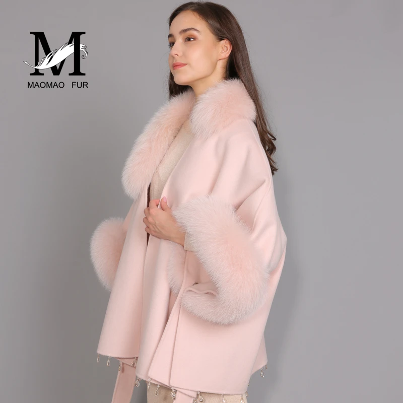 MAOMAOFUR кашемировое пальто воротник из натурального Лисьего меха манжета высокого качества плащ Женская негабаритная одежда белого и розового цвета Женская шерстяная накидка