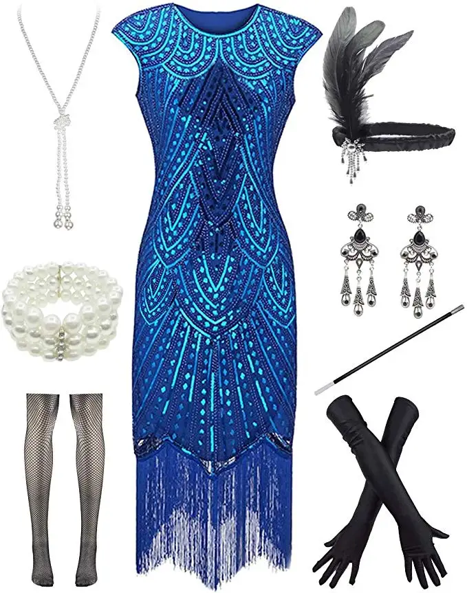 15 размера плюс 4XL Great Gatsby женские Хлопушка платья 1920s блесток бисером бахромой платье w/Набор аксессуаров XS-XXXXL чулок - Цвет: Тёмно-синий