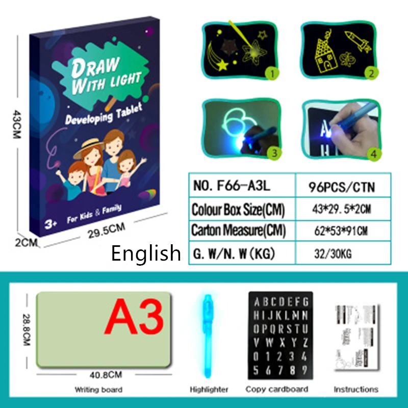 Волшебная светящаяся 3d доска для рисования с светильник-забавная флуоресцентная развивающая игрушка для рисования граффити доска для рисования детская Подарочная игрушка А3 А4 А5 - Цвет: English A3