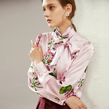 

High Quality Blouse Women Shirt 100% Heavy Silk Flower Print Tie Bow Design O Neck Long Sleeves Elegant Style Top Fashion