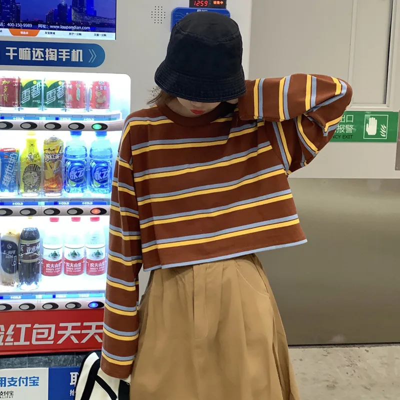 Футболки с длинными рукавами Harajuku с круглым вырезом в полоску; Повседневная весенне-осенняя женская одежда; футболки; укороченный топ; vetement femme; Лидер продаж