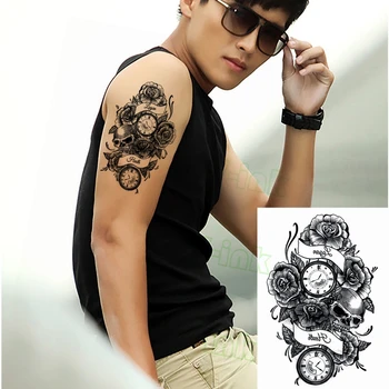 

Waterproof Temporary Tattoo Sticker Death Alarm Clock Rose Flower Skull Art Water Transfer Fake Tatoo Flash Tatto for Men Women