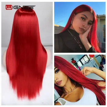 

Wignee Long Straight Red Synthetic Fiber Heat Resistant Wigs For Women Middle Part Daily/Cosplay Glueless Natural Fiber Hair Wig
