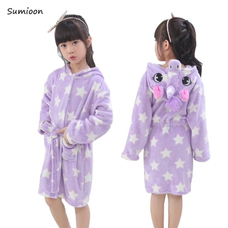Халаты для маленьких девочек и мальчиков; детский банный халат с капюшоном; мягкая Фланелевая пижама с единорогом; детская теплая одежда кораллового цвета; милая домашняя одежда для малышей - Цвет: Purple star unicorn