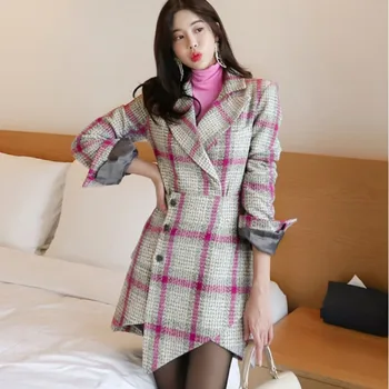 

Women Wool Coat Plaid Women Slim Long Overcoat Vintage Woolen Coats Winter Coat Jackets Trench Female Clothing Casaco Feminino