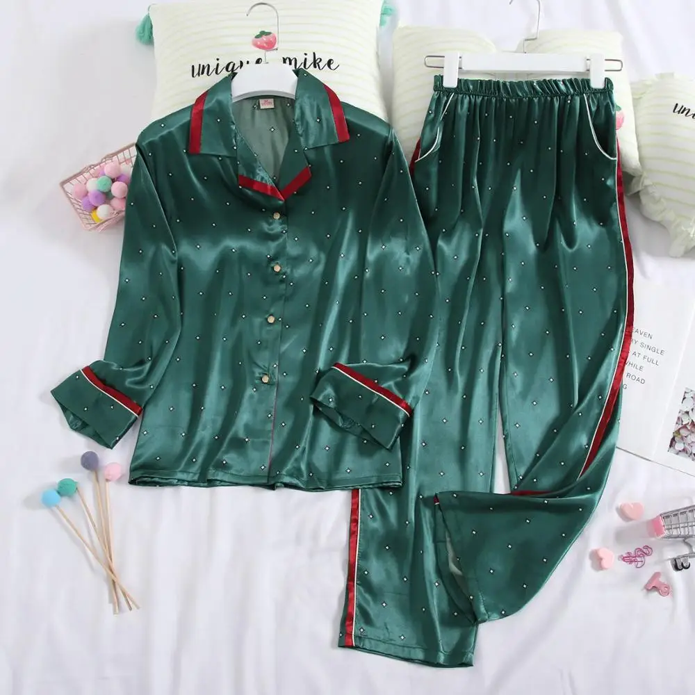 Пижамный комплект для сна и отдыха, атласная шелковая полосатая рубашка с отложным воротником и длинными рукавами+ штаны, Женская домашняя одежда, ночное белье, ночные костюмы