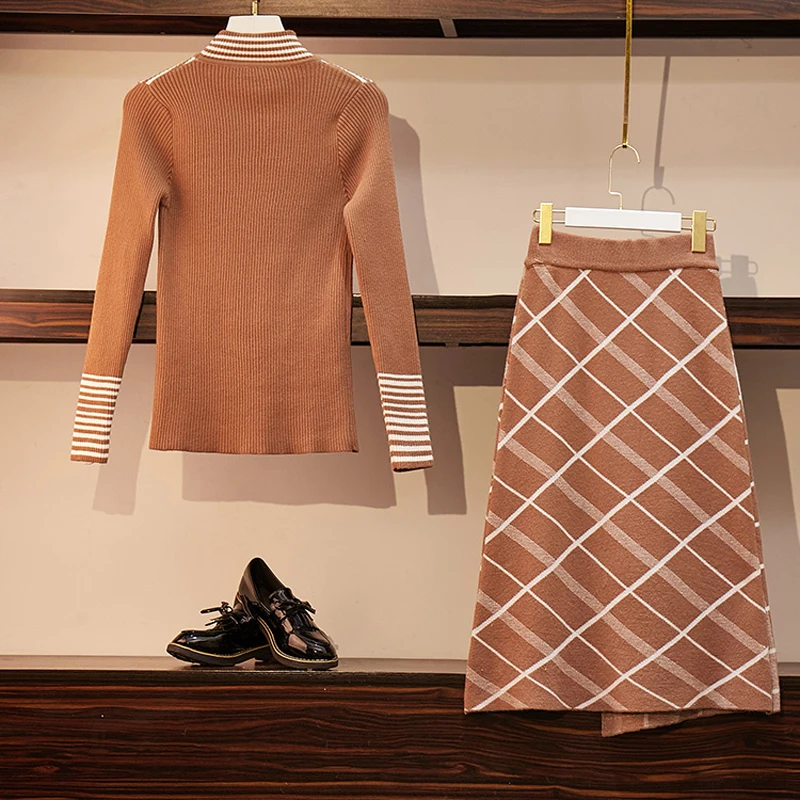 Хаки 2 Piece Sets Women Fashion Striped Plaid Knitting Two-piece Sets Female Sweater Suits Turtleneck Tops Mid Calf Skirt Plus Size - Цвет: Хаки