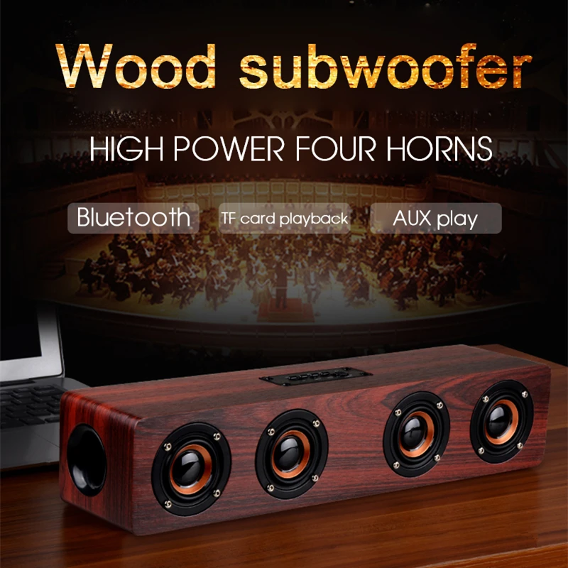 Деревянный динамик бас 20 Вт беспроводной Bluetooth FM Hifi ТВ Саундбар сабвуфер USB AUX MP3