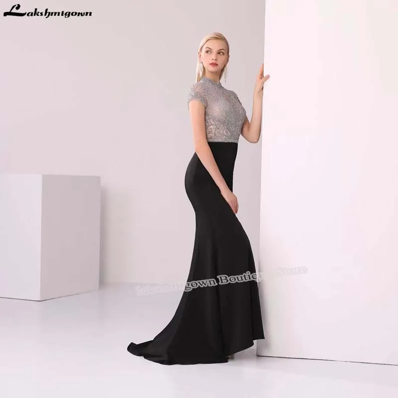 Lakshmigown Иллюзия бисером шифоновое ТРАПЕЦИЕВИДНОЕ вечернее платье короткий рукав выпускные Длинные вечерние платья Вечернее платье vestido longo